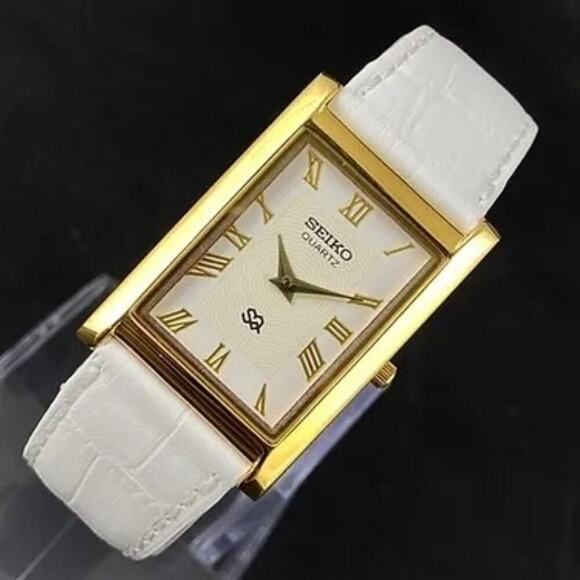Vintage Style Seiko Quartz Mens Gold Watch & White  accents W/ Leather Strap - Picture 4 of 8